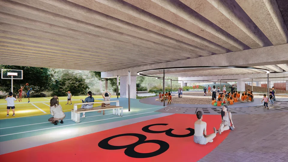 An artists impression of a new multi functional space for sports events and gatherings which will be created underneath the Queensway viaduct